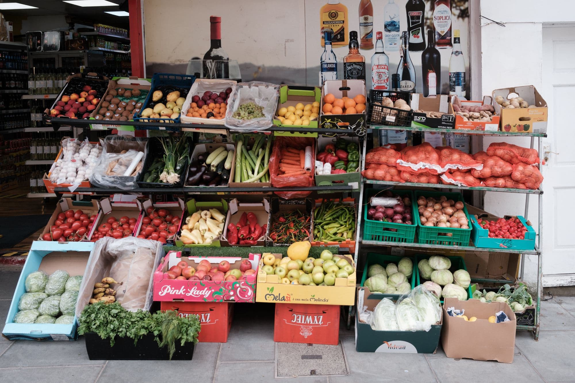 Fresh produce arranged at a market stall
